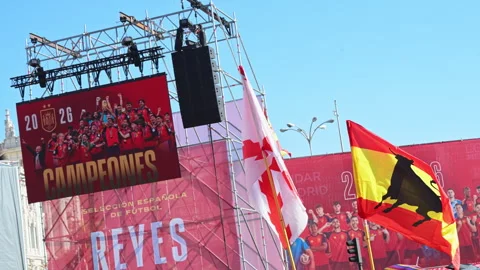 Spanish Flags Low Angle Stage Screen Cibeles Madrid City Hall World Cup 2026 Stock Footage 346248407