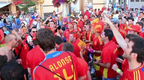 Spanish football fans before final match of European Football Championship Stock Footage