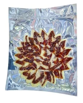Spanish ham presentation in flower shape, emphasizing craft and flavor in p.. 스톡 사진