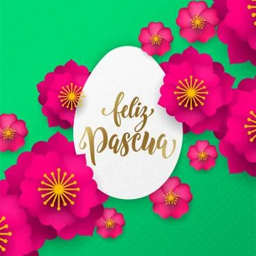 Spanish Happy Easter greeting card of egg paper cut and flowers pattern for E Stock Illustration
