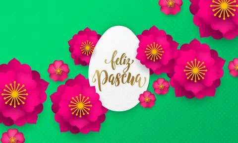 Spanish Happy Easter greeting card of egg paper cut, spring flowers and gold  Stock Illustration