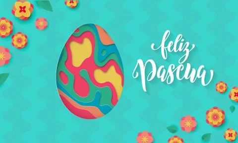 Spanish Happy Easter greeting card of egg paper cut, spring flowers pattern o Stock Illustration