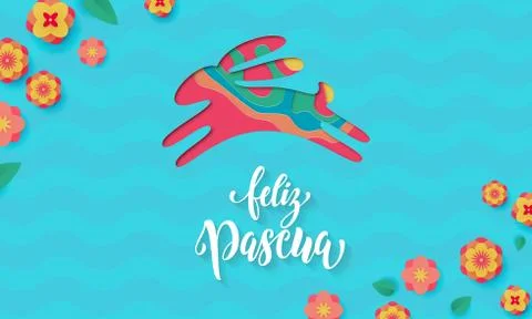 Spanish Happy Easter greeting card of bunny paper cut for Feliz Pascua holida Stock Illustration
