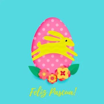 Spanish Happy Easter greeting card of egg with pattern and paper cut cartoon  Stock Illustration