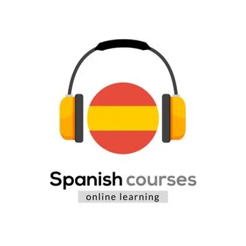 Spanish language learning logo icon with headphones. Creative spanish class Stock Illustration