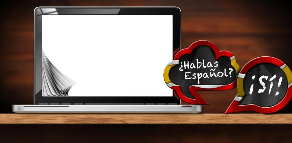 Spanish Language Lesson - Two Speech Bubbles and a Laptop Computer Stock Illustration