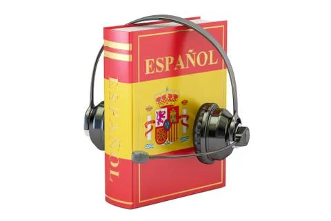 Spanish language textbook with headset, learning and translate concept. 3D .. Illustrazione stock