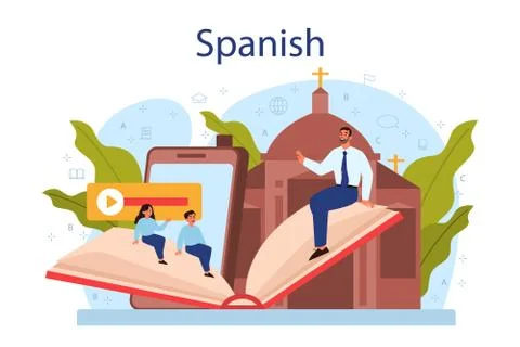 Spanish learning concept. Language school spanish course. Study Illustrazione stock