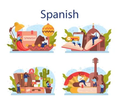 Spanish learning concept set. Language school spanish course. Study Illustrazione stock