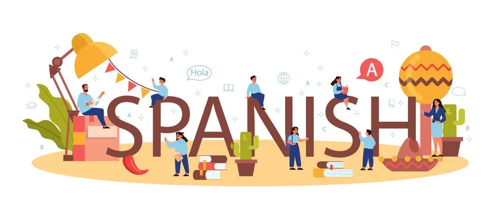 Spanish learning typographic header concept. Language school Stock Illustration