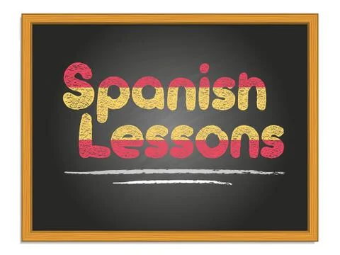 Spanish lessons chalk lettering on black chalkboard. Flag of Spain Stock Illustration