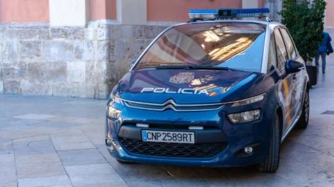 Spanish National Police Car in old city center. Stock Photos