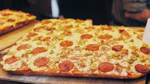 Spanish pizza close-up, tapas. Medieval festival. Stock Footage 194443176