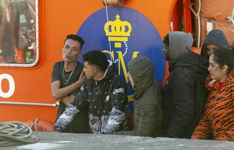 Spanish Salvamento Maritimo rescues 52 immigrants in Lanzarote, Arrecife, Spain  Stock Photos