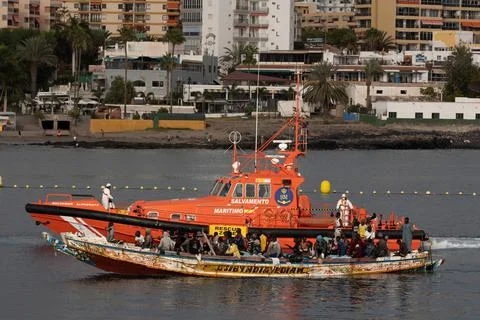 Spanish Salvamento Maritimo rescues 80 migrants at sea, Los Cristianos Tenerife, Stock Photos