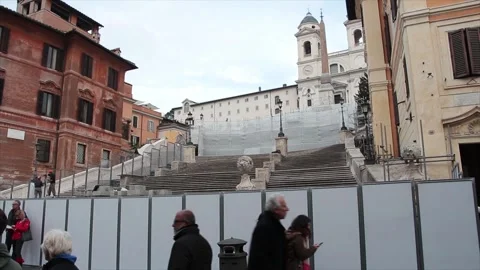 Spanish steps rome italy with portable wall barricade in front of them Stock Footage 252147692