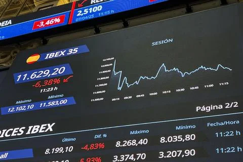Spanish stock information evolution, Madrid, Spain - 07 Apr 2025 Foto stock