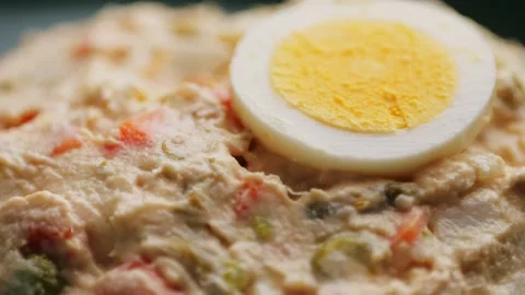 Spanish style tapas Russian salad, Olivier salad, restaurant kitchen in Spain Stock Footage 231924952