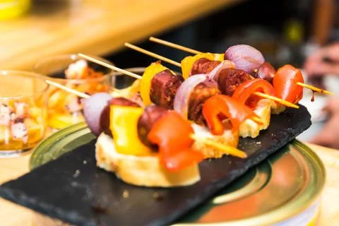 Spanish tapas called pintxos of the Basque country Stock Photos
