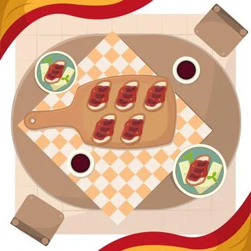 Spanish tapas on wooden table. Vector Illustrazione stock