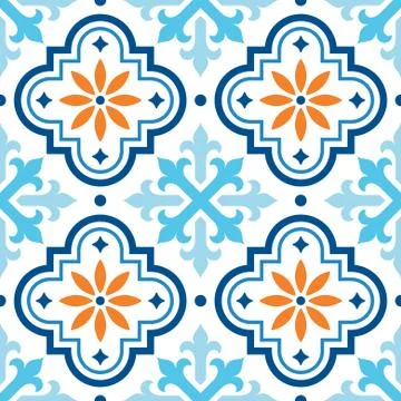 Spanish tile pattern, Moroccan tiles design, seamless blue and orange background Stock Illustration