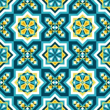 Spanish tile pattern vector seamless with turquoise arabesque ornament Stock Illustration
