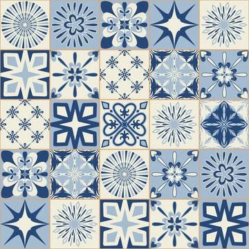 Spanish traditional blue ceramic pattern square tiles for kitchen and bathroo Ilustración de archivo