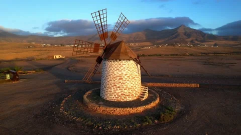 Spanish windmill over sunset. Scenery of Fuerteventura Canary island. Video stock 237474379