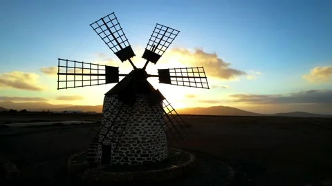 Spanish windmill over sunset. Scenery of Fuerteventura Canary island. Stock Footage 237474504