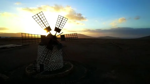Spanish windmill over sunset. Scenery of Fuerteventura Canary island. Stock Footage 237474577