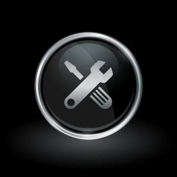 Spanner and screwdriver icon inside round silver and black emblem Stock Illustration