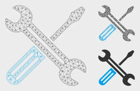 Spanner and Screwdriver Vector Mesh 2D Model and Triangle Mosaic Icon Illustrazione stock