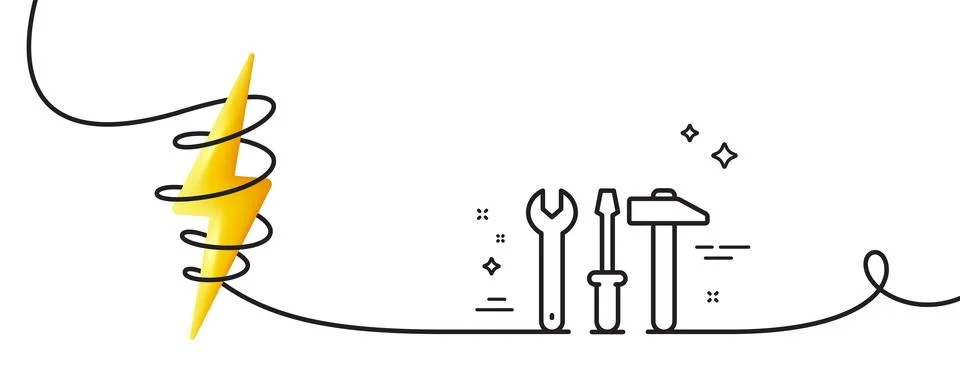 Spanner, hammer and screwdriver line icon. Repair service sign. Continuous line Stock Illustration