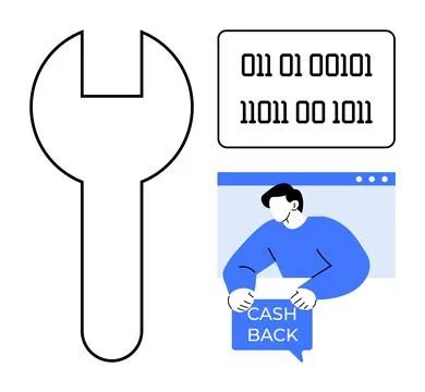Spanner Icon with Binary Code and Person Illustrating Cashback Concept Stockillustratie
