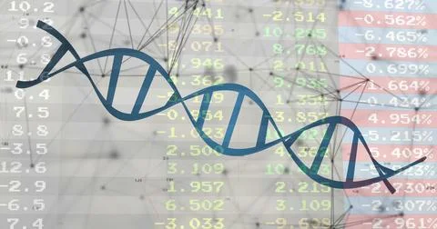 Spanning blue DNA helix intertwining digital scene, with financial data overlays Illustrazione stock
