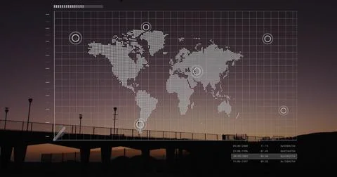 Spanning bridge at dusk overlaying digital grid with dotted world map, target Stock Photos