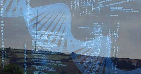 Spanning digital DNA helix graphic above rural grassy hills with scattered Stock-Fotos