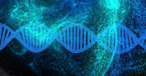 Spanning DNA double helix glowing across center frame in scientific backdrop Illustrazione stock