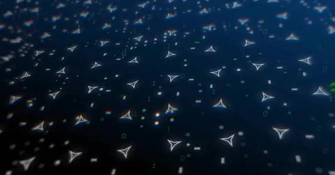 Spanning glowing triangular node swarm across digital field, with green binary Stock Illustration