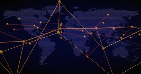 Spanning gold node network on digital dotted world map, showing rods, spheres イラスト素材