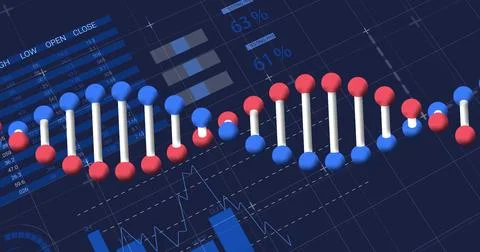 Spanning horizontal 3D DNA double helix stretching across virtual dashboard, Stock Illustration