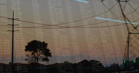 Spanning lattice tower, utility pole, power lines crossing suburb at dusk, Stock Photos