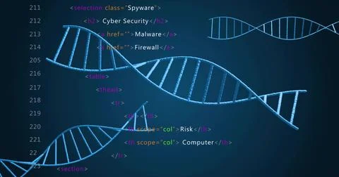 Spanning light-blue DNA helix models across digital gradient canvas, with HTML Stock Illustration
