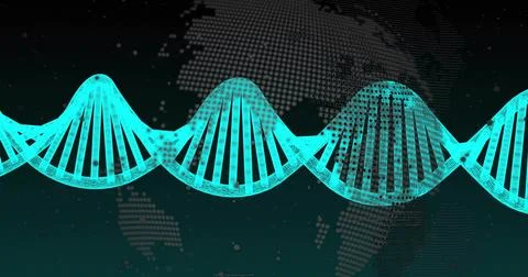 Spanning turquoise DNA helix wireframe across scene, with world map pixels, d Illustrazione stock