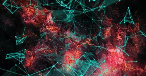 Spanning turquoise network of lines and nodes over cosmic digital space, showing Stock Illustration