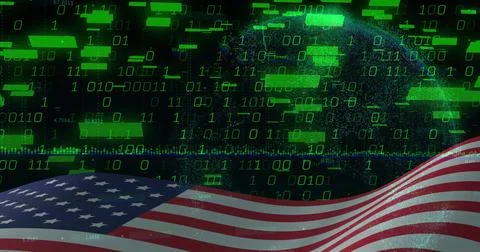 Spanning US flag waving over lower third in cyberspace, showing green binary Stock Illustration