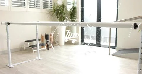 Spanning white adjustable parallel gait bars in therapy room, showing prosthetic Stock Photos