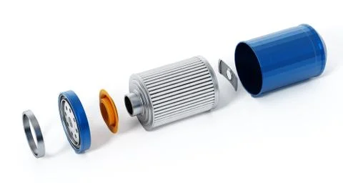 Spare new oil filter exploded perspective. 3D illustration Illustrazione stock