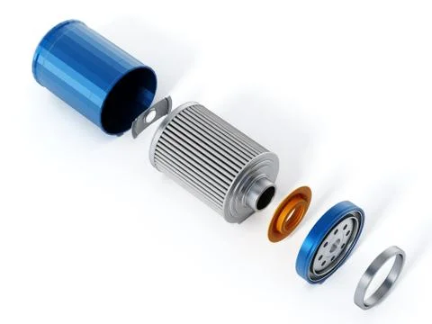 Spare new oil filter exploded perspective. 3D illustration Illustrazione stock