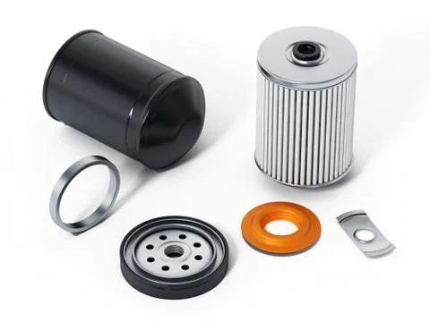 Spare new oil filter exploded perspective. 3D illustration Illustrazione stock